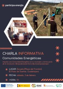 Cartel que anuncia la Charla de Difusión en Pobo de Dueñas el 3 de febrero a las 11 de la mañana en la plaza del frontón.