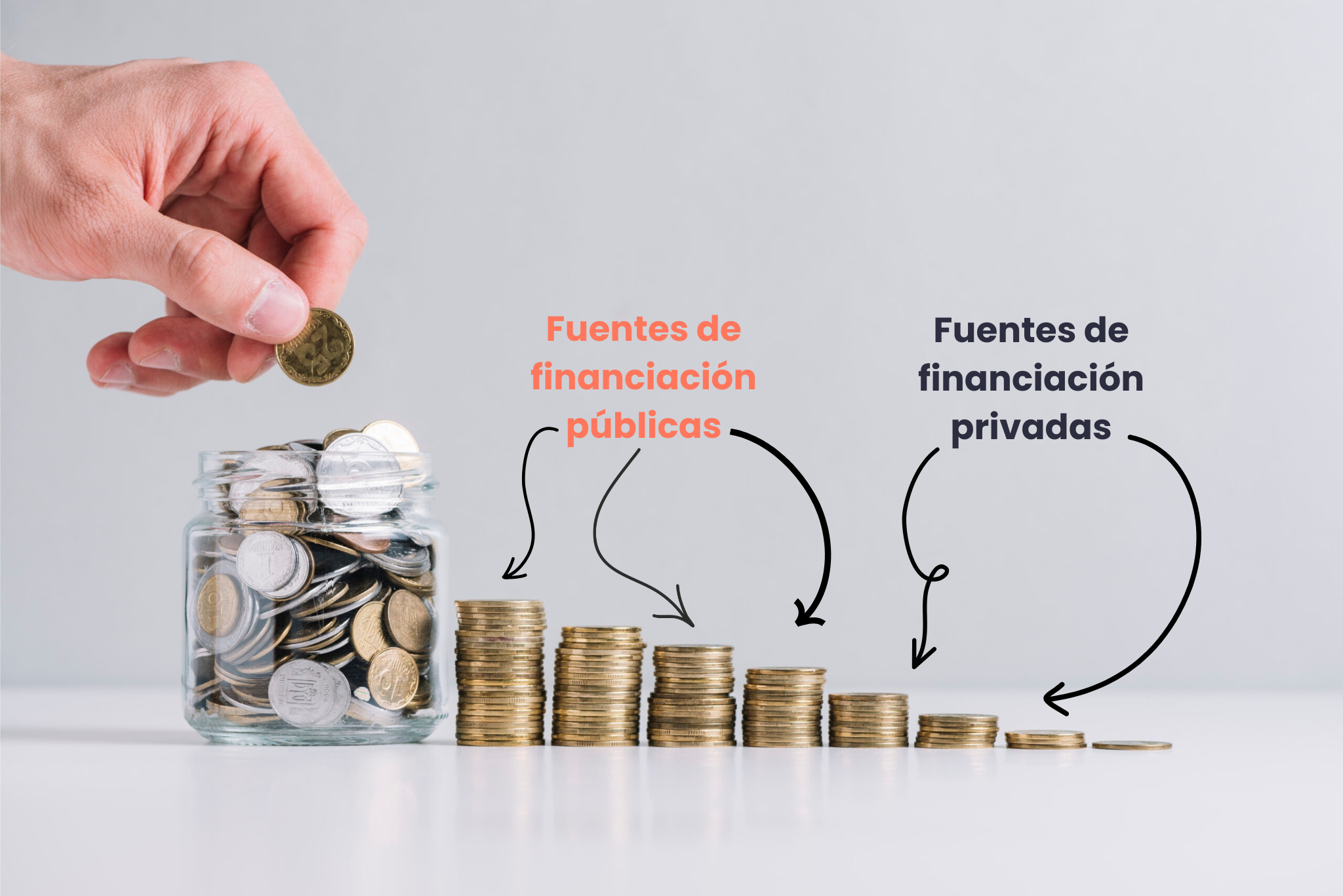 Una mano mete dinero en una hucha y lo distribuye en deferentes montoncitos que representan los distintos métodos de financiación públicos y privados